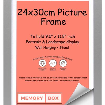 Wrapped MDF Picture/Photo/Poster frame with Perspex Sheet - Moulding 20mm Wide and 15mm Deep - (24 x 30cm) Silver 9.5" x 11.8"