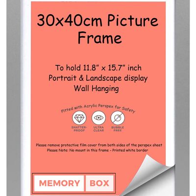 Wrapped MDF Picture/Photo/Poster frame with Perspex Sheet - Moulding 20mm Wide and 15mm Deep - (30 x 40cm) Silver 11.8" x 15.7"