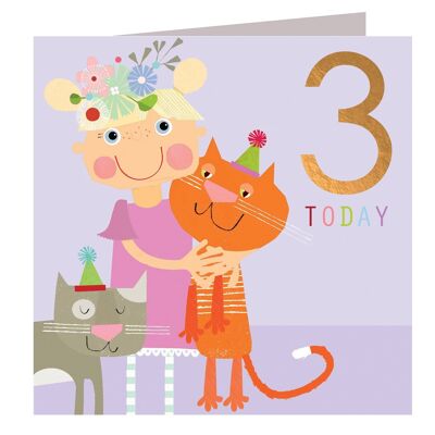 CP09 Tarjeta de tercer cumpleaños de gatitos laminados en cobre