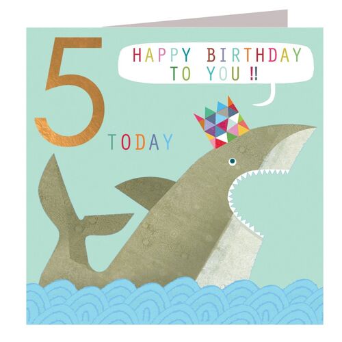 CP05 Copper Foiled Shark 5th Birthday Card
