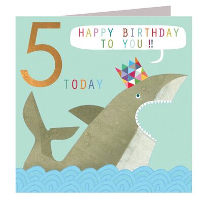 CP05 Biglietto per il 5° compleanno con squalo laminato in rame
