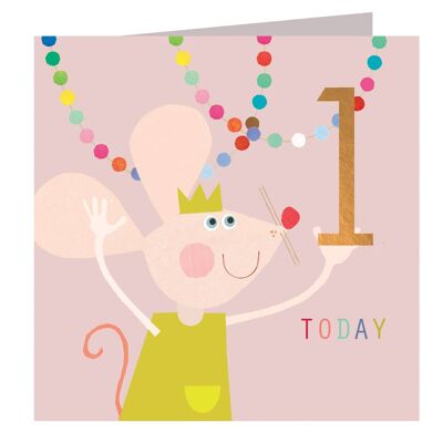 CP07 Tarjeta de primer cumpleaños con ratón laminado en cobre