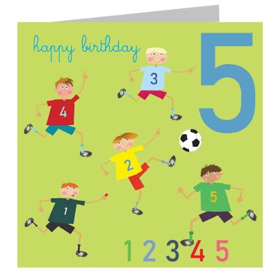 JA05 Tarjeta de quinto cumpleaños de cinco futbolistas