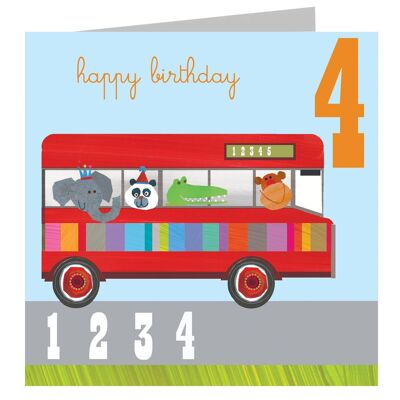 JA04 Four on a Bus 4th Birthday Card