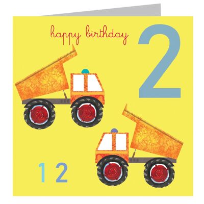 JA02 Tarjeta de segundo cumpleaños de dos camiones