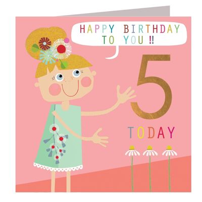CP11 Tarjeta de cumpleaños número 5 para niña con flores frustradas en cobre