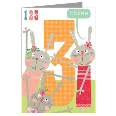 MM11 Tarjeta de tercer cumpleaños de tres conejos