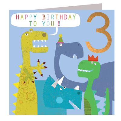 CP03 Biglietto per il 3° compleanno con dinosauro laminato in rame