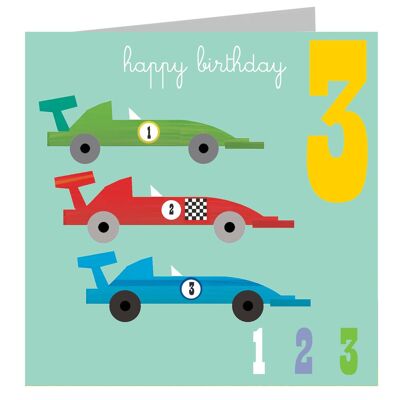 JA03 Three Racing Cars 3rd Birthday Card