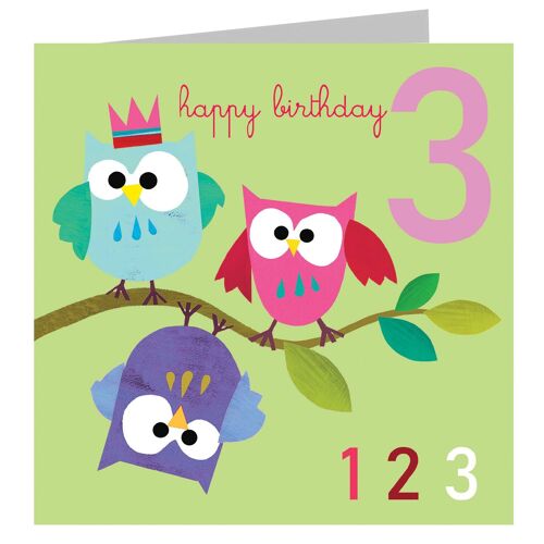 JA08 Three Owls 3rd Birthday Card