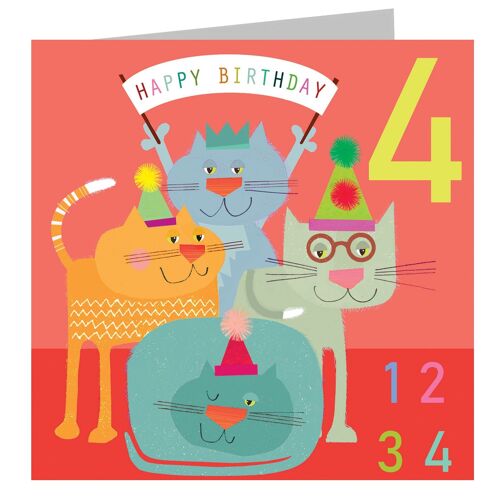 JA09 Four Cats 4th Birthday Card