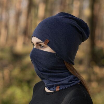 Ensemble Bonnet et Guêtre en Laine Mérinos Femme Bleu Foncé