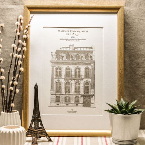 Affiche Letterpress Immeuble parisien Champs-Élysées, A4, Paris, architecture, vintage, Haussmann