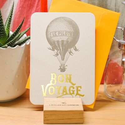 Bon Voyage Hot Air Balloon Letterpress Card (con sobre), oro, amarillo, vintage, papel grueso reciclado