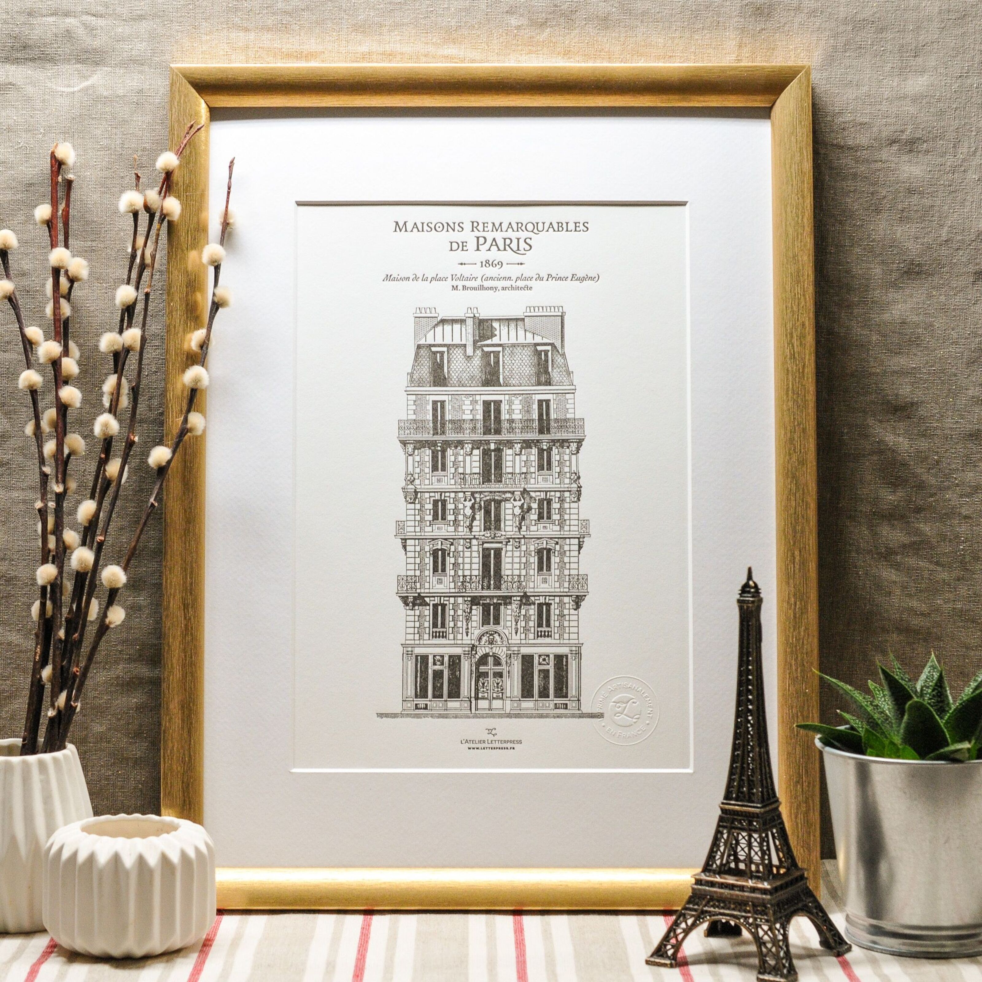 A4, Parisian vintage, wholesale building Buy Letterpress Paris, Place Haussmann Poster architecture, Voltaire,