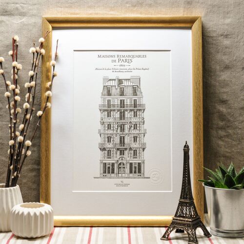 Affiche Letterpress Immeuble parisien Place Voltaire, A4, Paris, architecture, vintage, Haussmann