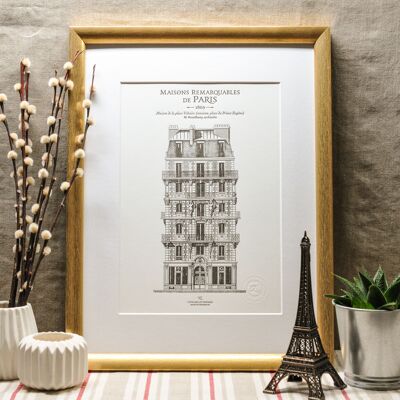 Poster Letterpress Parisian building Place Voltaire, A4, Paris, architecture, vintage, Haussmann