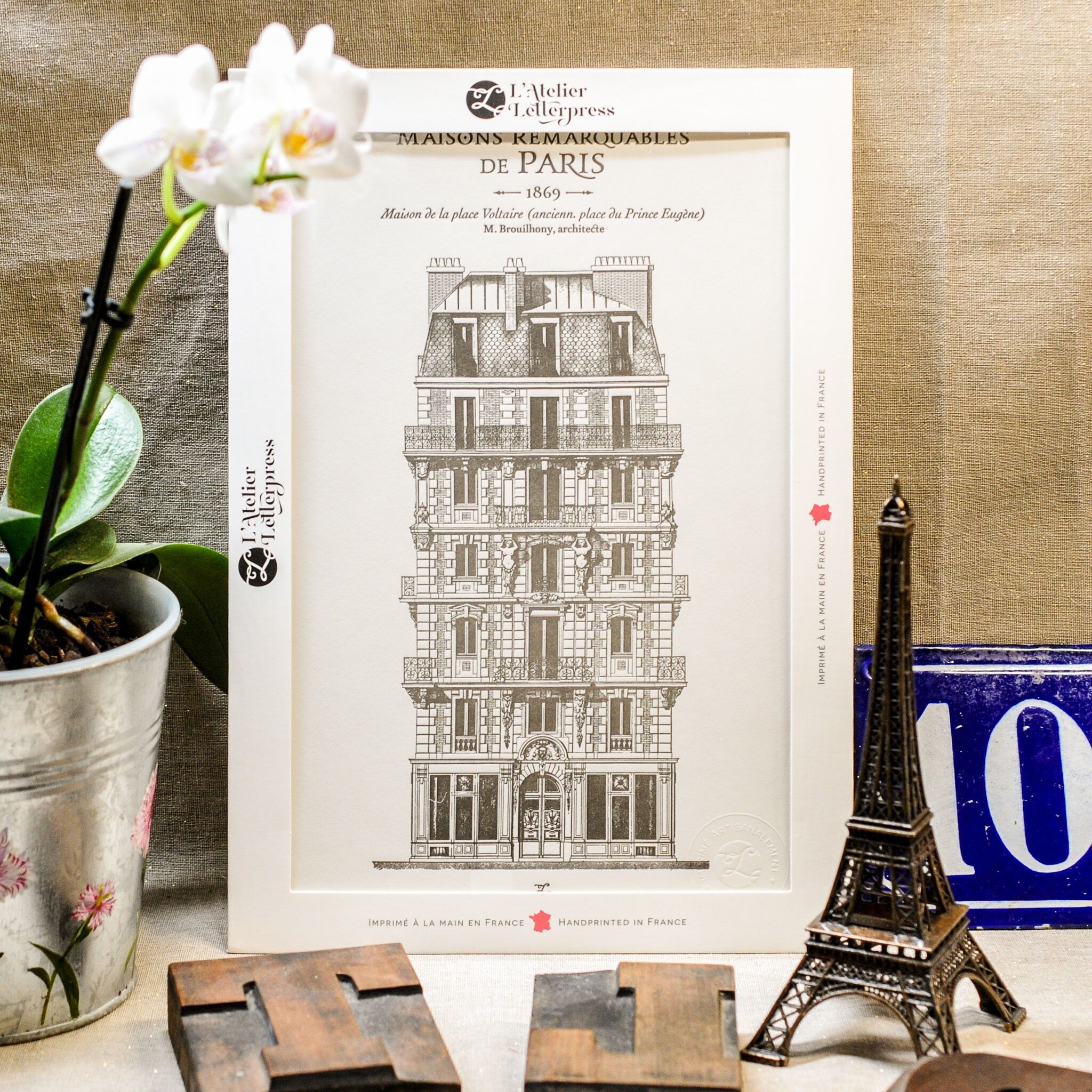 Poster Letterpress Parisian building Place Voltaire, A4, Paris, architecture, vintage, Haussmann