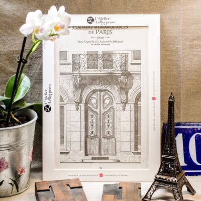 Affiche Letterpress Porte immeuble parisien Boulevard Sébastopol, A4, Paris, architecture, vintage, Haussmann