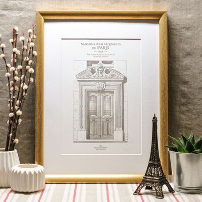 Póster Letterpress edificio parisino puerta rue Sainte Placide, A4, París, arquitectura, vintage, Haussmann