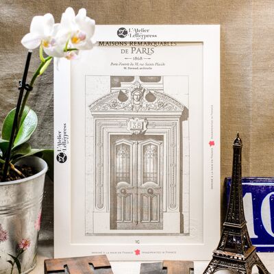 Affiche Letterpress Porte immeuble parisien rue Sainte Placide, A4, Paris, architecture, vintage, Haussmann