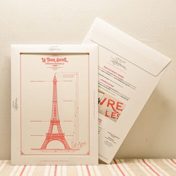Affiche Letterpress Plan original de la Tour Eiffel, A4, Paris, architecture, vintage, rouge 2