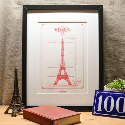 Poster Buchdruck Originalplan des Eiffelturms, A4, Paris, Architektur, Vintage, rot