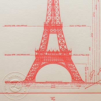 Affiche Letterpress Plan original de la Tour Eiffel, A4, Paris, architecture, vintage, rouge 3