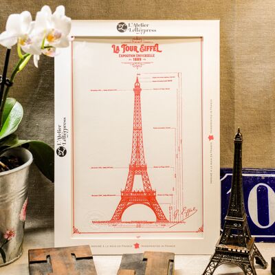 Affiche Letterpress Plan original de la Tour Eiffel, A4, Paris, architecture, vintage, rouge
