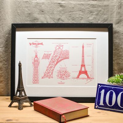 Letterpress poster Original plan of the Eiffel Tower, details, A4, Paris, architecture, vintage, red