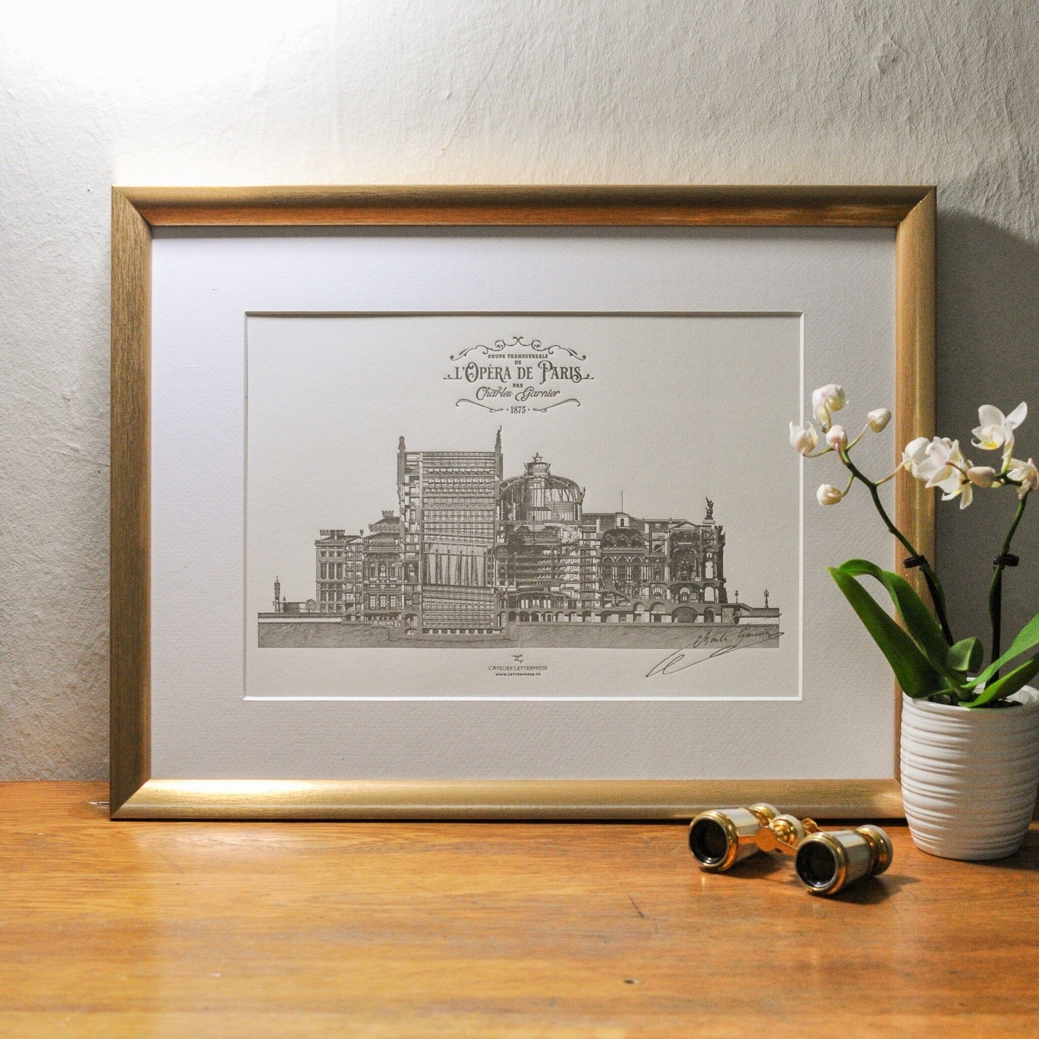 Poster Letterpress Coupe Opéra de Paris, A4, Parigi, musica classica, danza, balletto, architettura, vintage