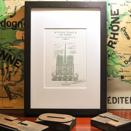 Petite Affiche Letterpress Notre Dame de Paris par Viollet-le-Duc, Paris, architecture, vintage, vert