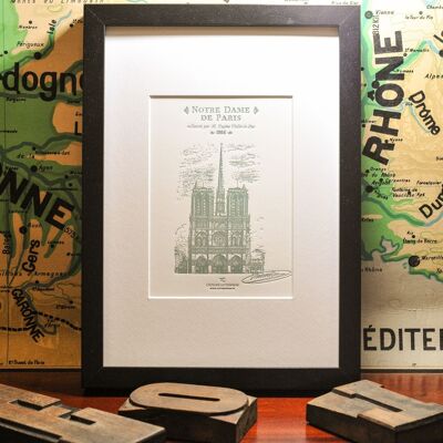 Small Letterpress Poster Notre Dame de Paris by Viollet-le-Duc, Paris, architecture, vintage, green