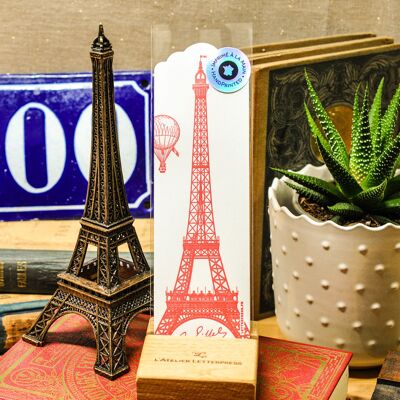 Marcador rojo de la tipografía de la Torre Eiffel, París, arquitectura, vintage, libro, papel reciclado, relieve