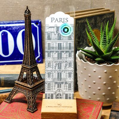 Bookmark Letterpress Immeuble Parisien, París, arquitectura, vintage, libro, Letterpress sobre papel reciclado, Haussmann, azul