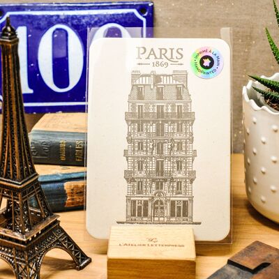 Tarjeta tipográfica Immeuble place Voltaire, París, arquitectura, vintage, papel reciclado muy grueso, Haussmann