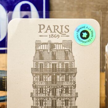 Carte Letterpress Immeuble place Voltaire, Paris, architecture, vintage, papier recyclé très épais, Haussmann 2
