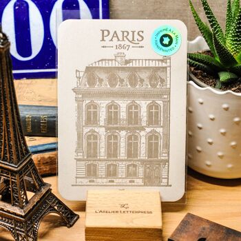 Carte Letterpress Immeuble Champs-Élysées, Paris, architecture, vintage, papier recyclé très épais, Haussmann 1