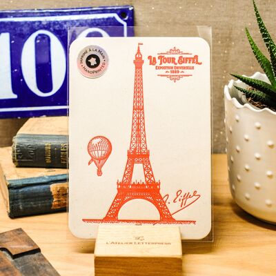 Carte Letterpress Tour Eiffel Rouge, Paris, architecture, vintage, papier recyclé très épais, relief