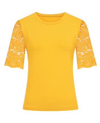 T-shirt à manches en dentelle de coton jaune moutarde 2