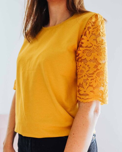 Mustard Yellow Cotton Lace Sleeve T-Shirt