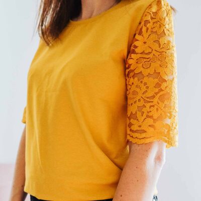 Mustard Yellow Cotton Lace Sleeve T-Shirt