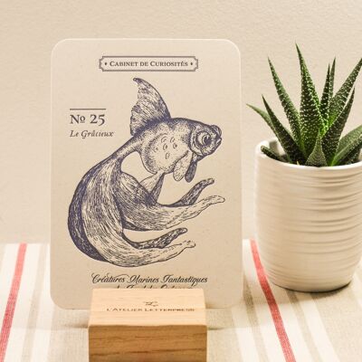 Red Fish Letterpress card, sea, summer, vintage, very thick recycled paper, relief, navy blue
