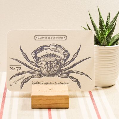 Crab Buchdruckkarte, Meer, Sommer, Vintage, sehr dickes Recyclingpapier, Relief, Marineblau