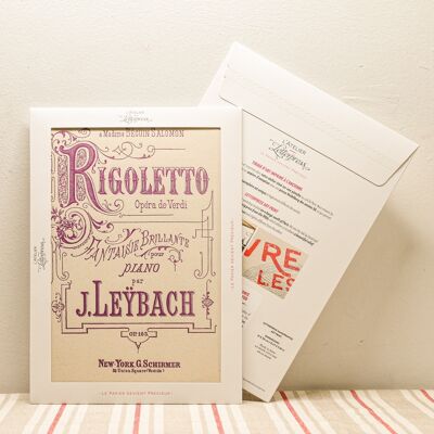 Affiche Letterpress Opéra Rigoletto Verdi, A4, papier recyclé, musique classique, violet