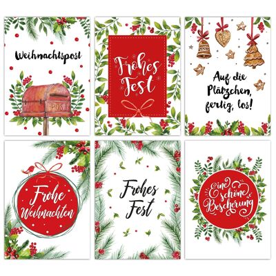 Paper kite Christmas card set - 12 lovingly designed postcards for Christmas - art print to send, decorate packages and collect - card set 1 - Leaves and Berries