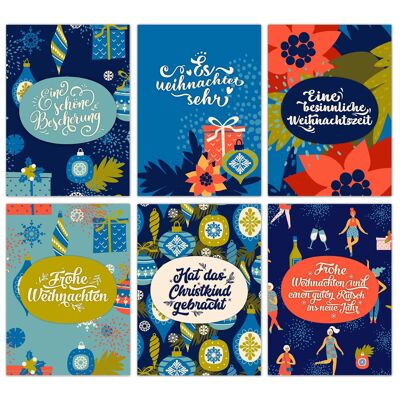 Papierdrachen Weihnachtskarten Set - 12 liebevoll gestaltete Postkarten zu Weihnachten - Kunstdruck zum Verschicken, Pakete dekorieren und Sammeln - Karten Set 2 - Blau