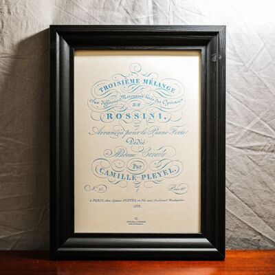 Letterpress Rossini poster by Pleyel, A4, recycled paper, classical music, blue