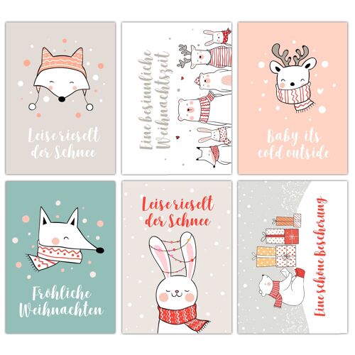 Papierdrachen Weihnachtskarten Set - 12 liebevoll gestaltete Postkarten zu Weihnachten - Kunstdruck zum Verschicken, Pakete dekorieren und Sammeln - Set 14 Weihnachtsfreunde