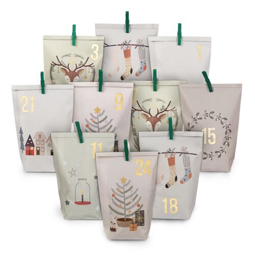 Extravaganter Adventskalender zum Befüllen - mit 24 pastellfarbenen Geschenktüten und 24 Zahlenaufklebern und Klammern - Motiv Hygge - zum Basteln und Verschenken - Weihnachten & Advent